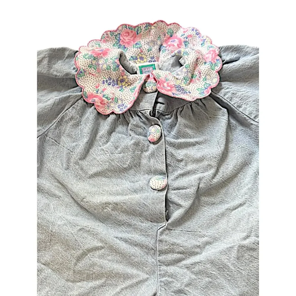 Vintage Little Me Blue Chambray Floral Collar Baby Romper | 6–9 Months